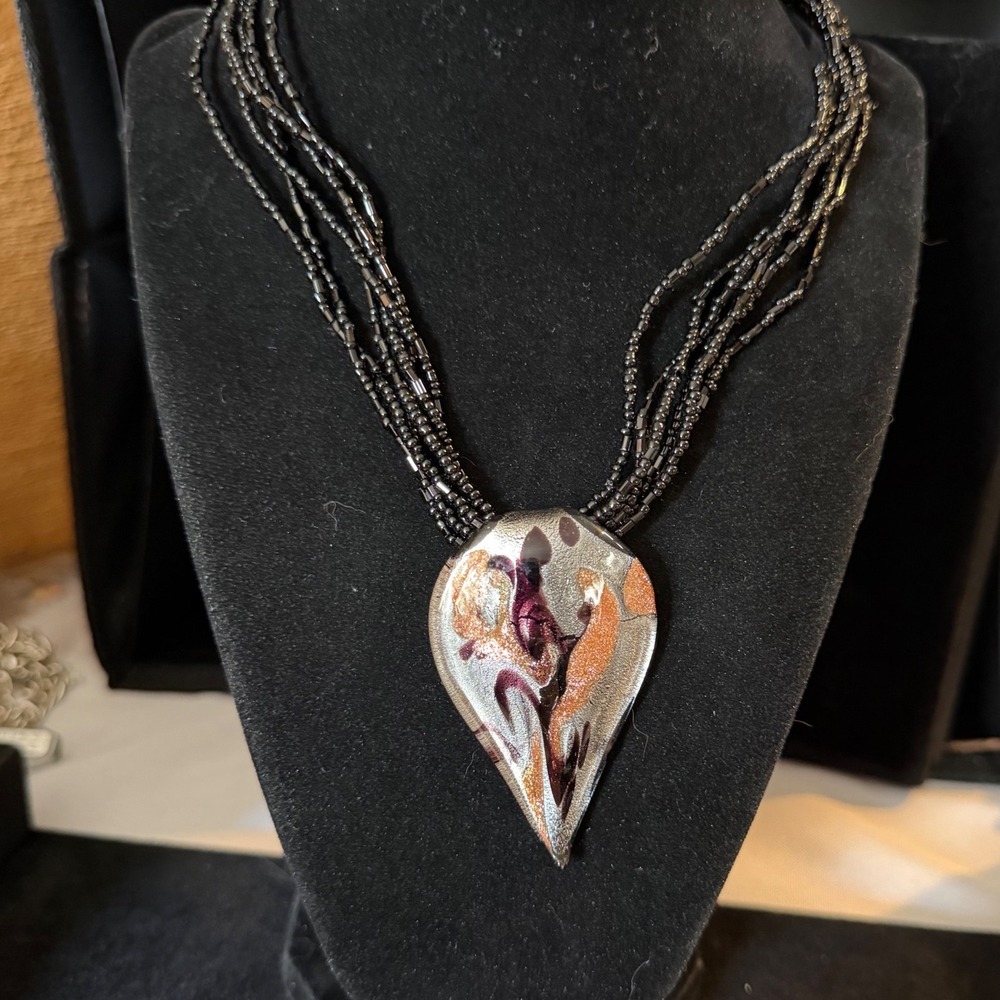Murano Style Art Glass Pendant Necklace Multi Strand Black Seed Bead Statement